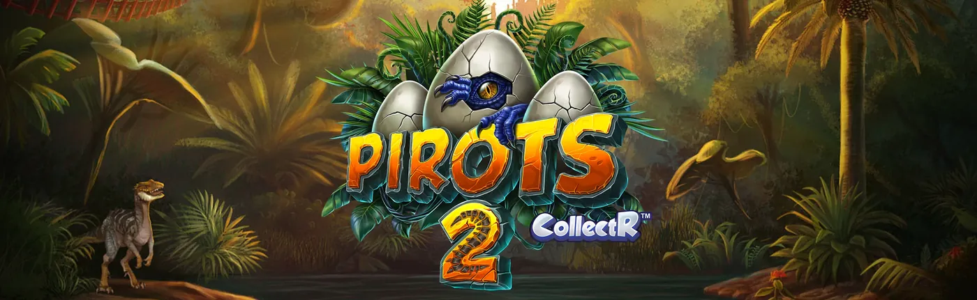 Pirots 2 promotiebanner met dinosaurussen en vogels