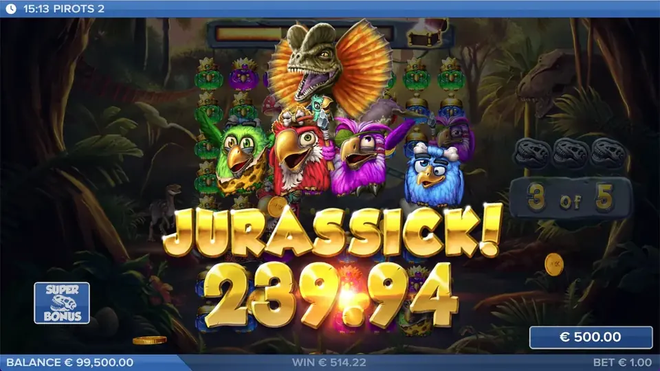 Pirots 2 Jurassick winstscherm met winstanimatie