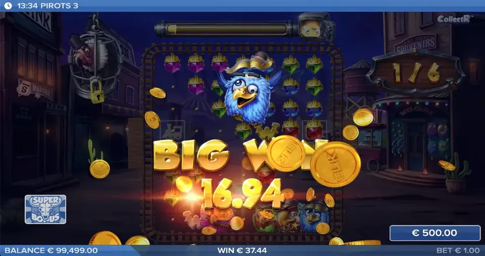 Pirots 3 groot winstscherm met winstanimatie
