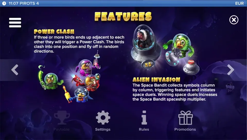 Pirots 4 uitbetalingsschema niveau 5 met iconen en bedragen in Lost in Space