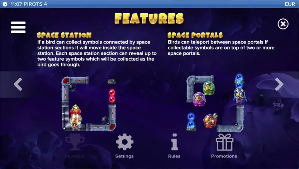 Pirots 4 uitbetalingsschema niveau 6 met iconen en bedragen in Lost in Space