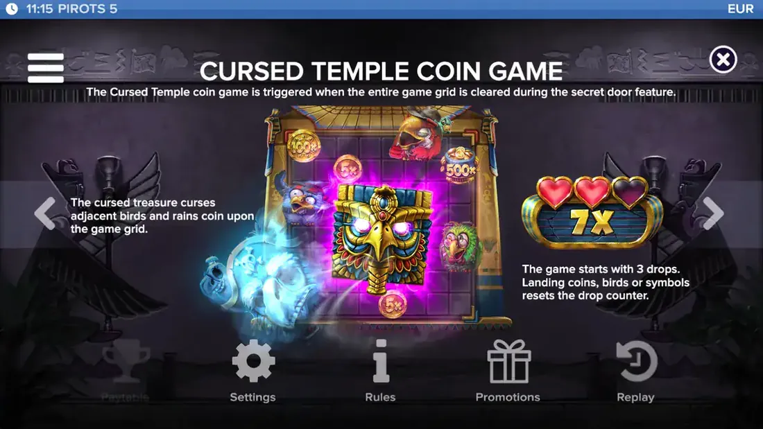 Pirots 5 Cursed Temple muntenspel Hold and Win