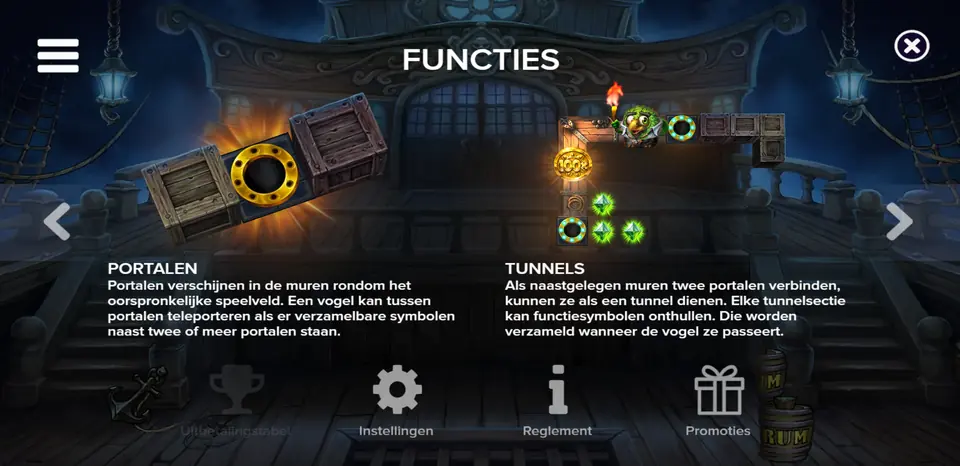 Infoscherm over het Labyrint en de kapiteinsvertrekken in Pirots 5 The Kraken