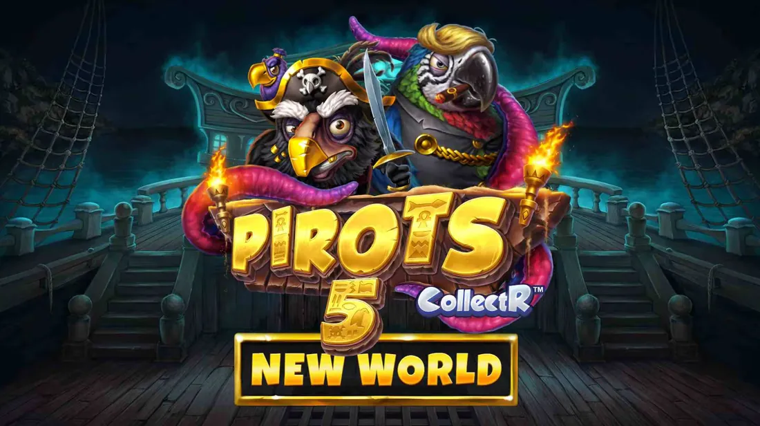 Pirots 5 New World promotiebanner met Captain Redfeather, Aaron en de tentakels van de Kraken