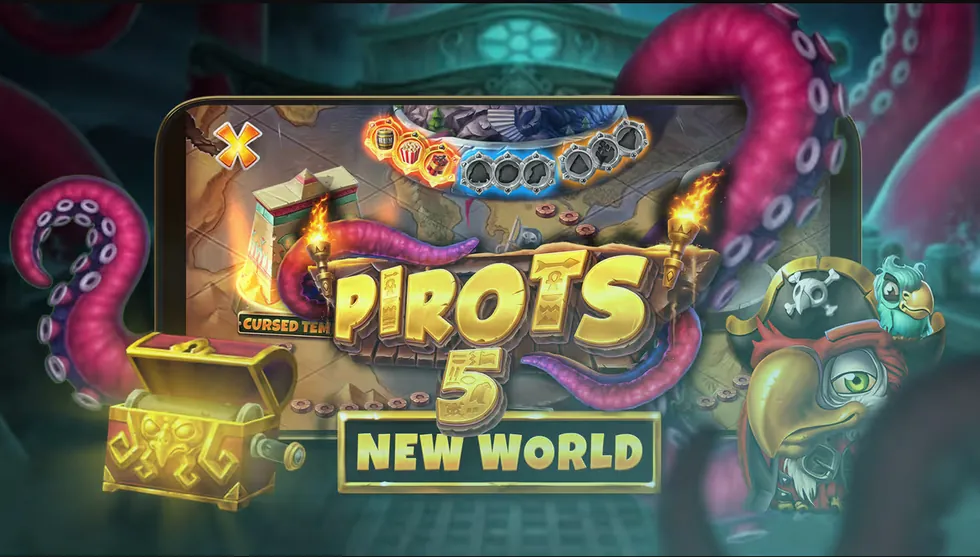 Pirots 5 The Kraken op mobiel met de Cursed Temple-wereldkiezer bovenin het scherm