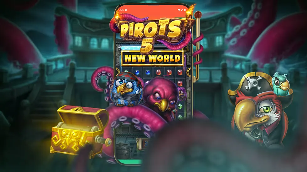 Pirots 5 The Kraken op een smartphone met het speelveld, een schatkist en de tentakels van de Kraken