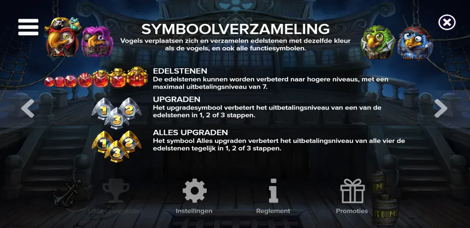 Infoscherm over symboolverzameling en het upgraden van edelstenen in Pirots 5 The Kraken