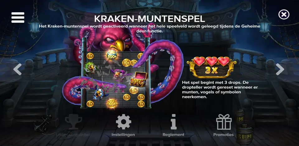 Infoscherm met de vallen in Pirots 5 The Kraken: pijlenval, ankerval en geheime deur-val