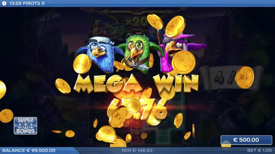 Pirots X mega winst-scherm met winstanimatie